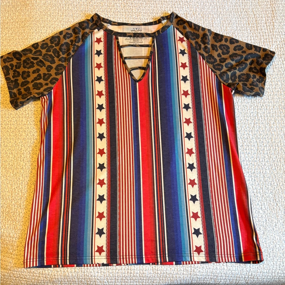 Crazy Train Multicolor Striped Tee with Leopard Accents